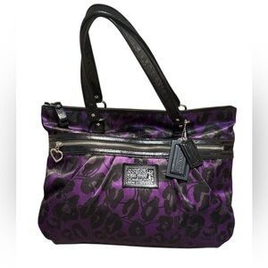 COACH POPPY shimmer black and purple leopard print handbag EUC 17" × 12" × 4"
